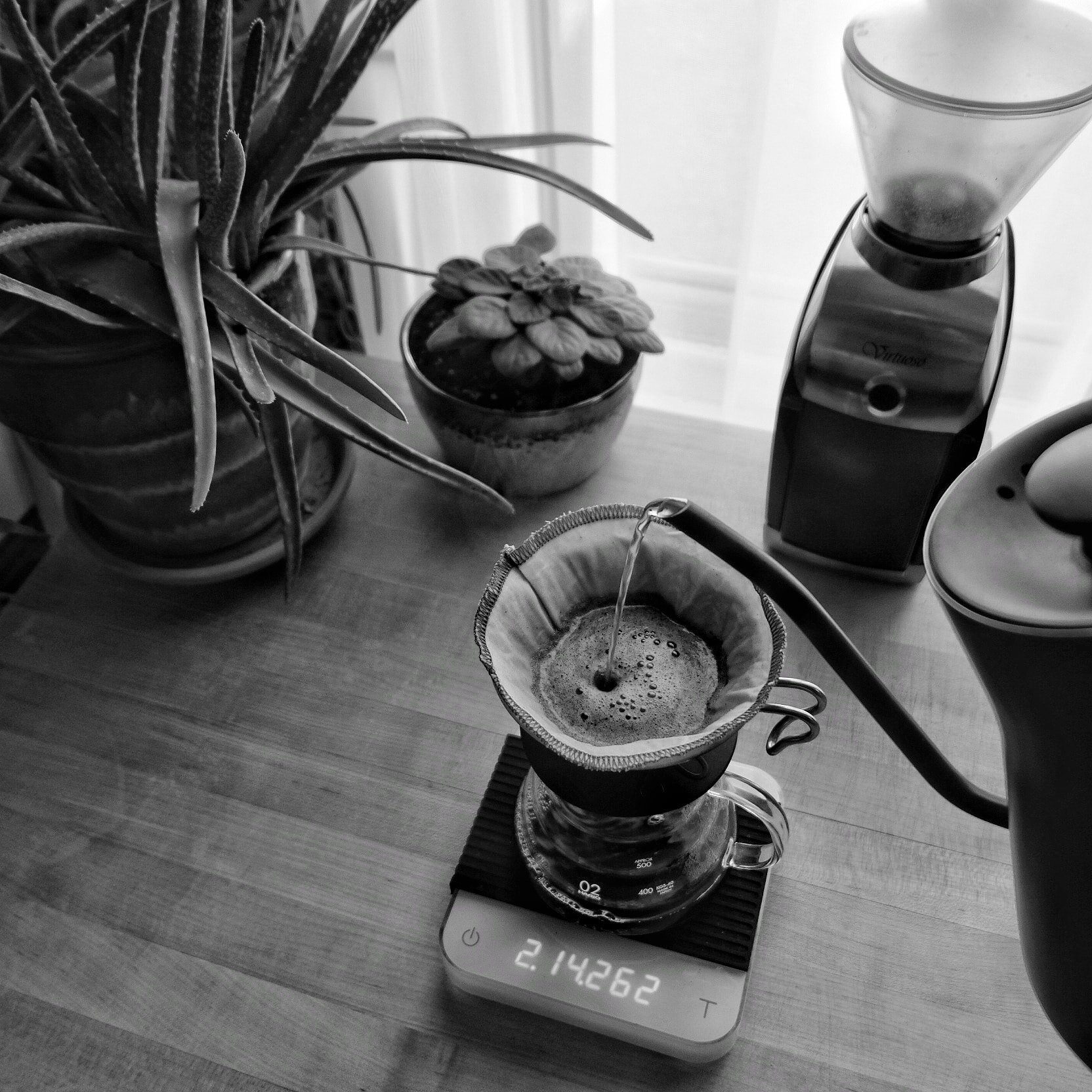 A kettle pours hot water over coffee brewing in a Hario V60 brewer with a cloth filter