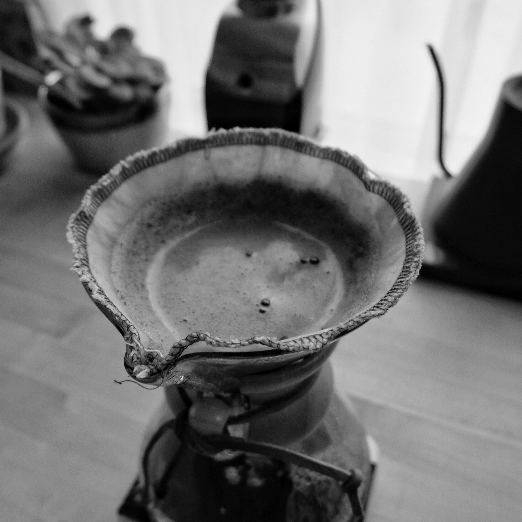 A close-up of the cloth filter used in the Chemex coffee brewer