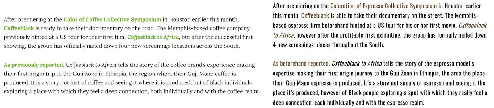 Two screenshots of text from Sprudge’s article (left) and paraphrased by Barista Speech (right). 