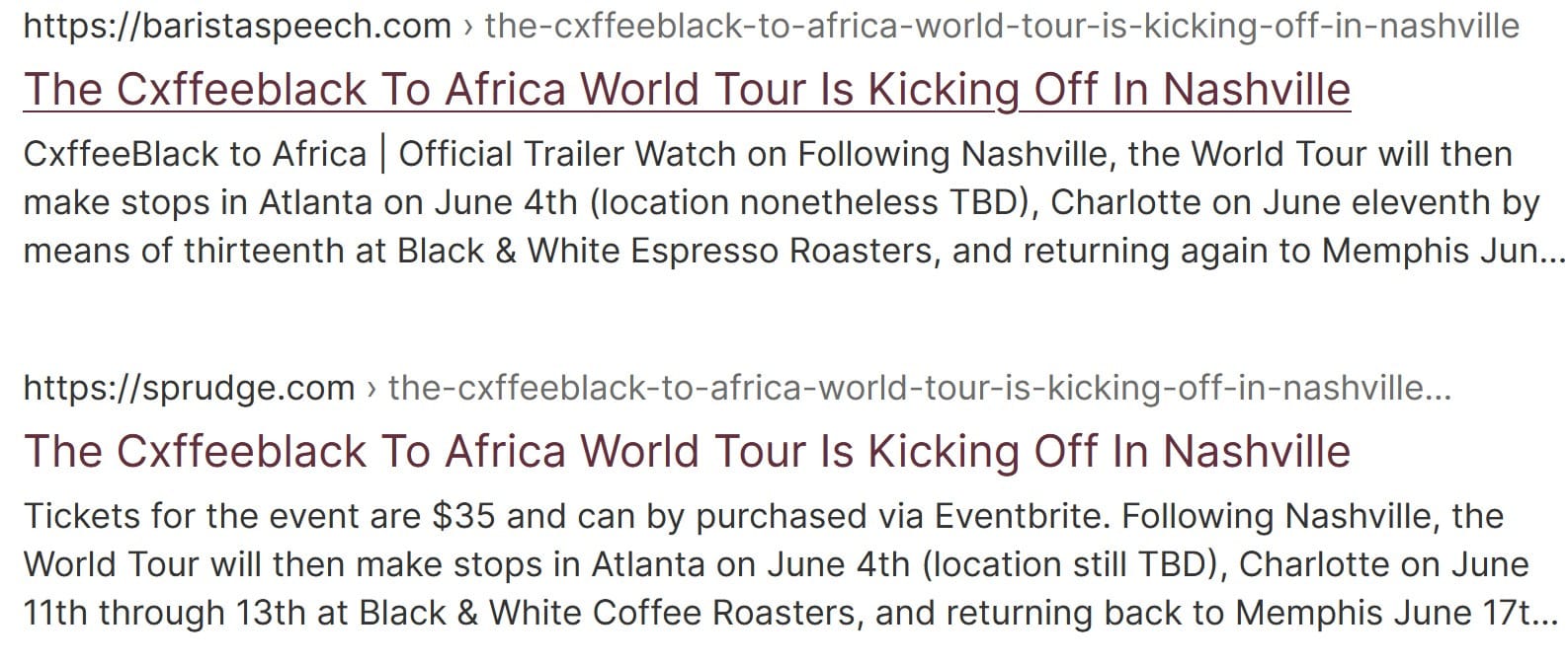 Two search results from different websites showing the same article headline
